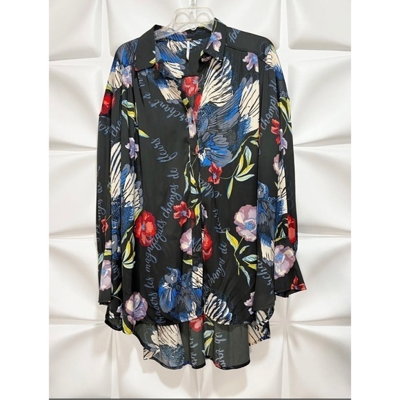 Free People Sz M Black Colorful Oversized Hawaiian Tropical Bird Shirt Tunic Top - Picture 4 of 14